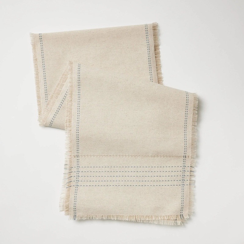 14″x72″ Natural Leno Weave Table Runner with Blue Accent