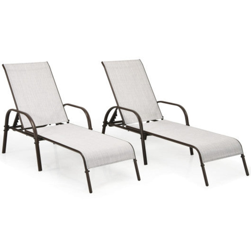 2 Pcs Outdoor Patio Lounge Chair Chaise Fabric With Adjustable Reclining Armrest-Gray