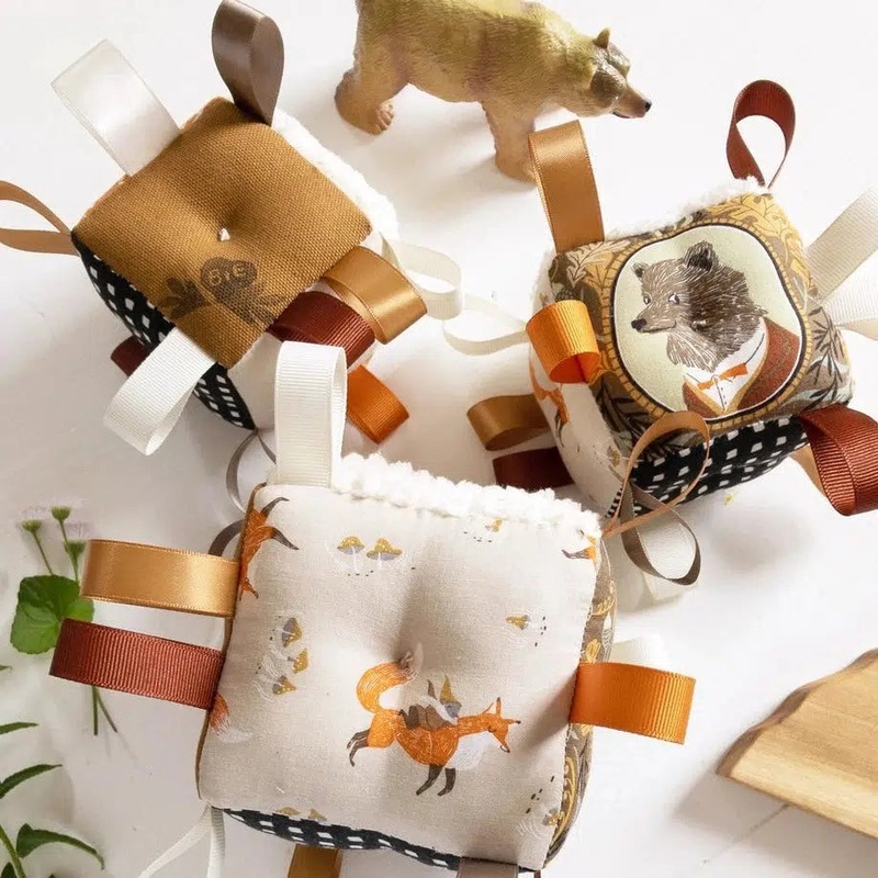The Bird + Elephant – Handmade Soft Sensory Block – 3″ Burnt Sienna Woodland Animals