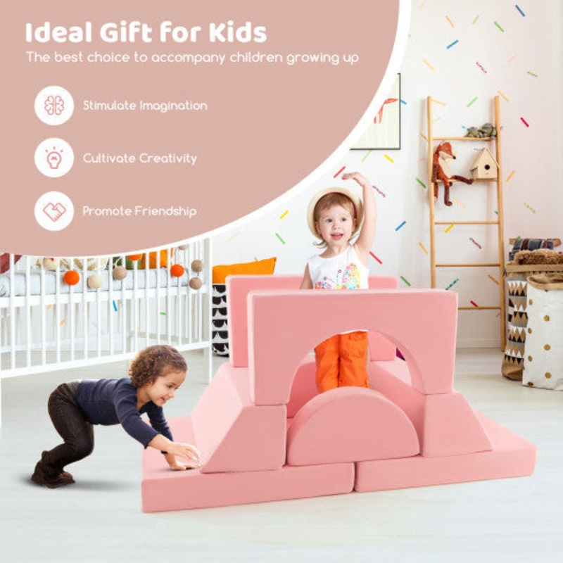 8 Pieces Kids Modular Play Sofa With Detachable Cover for Playroom and Bedroom-Pink