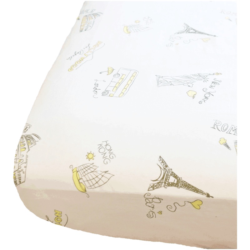 Oliver B Landmark Cities Around the World Crib Sheet in White, Yellow & Grey