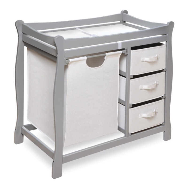 Sleigh Style Baby Changing Table with Hamper and 3 Baskets – Gray