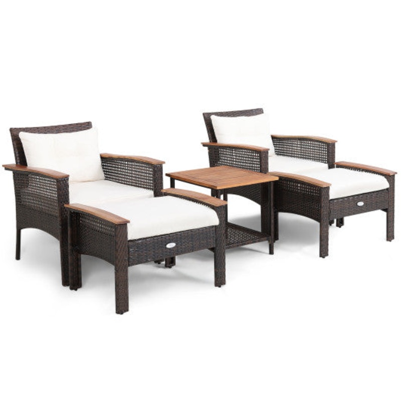 5 Pieces Patio Rattan Furniture Set With Acacia Wood Table