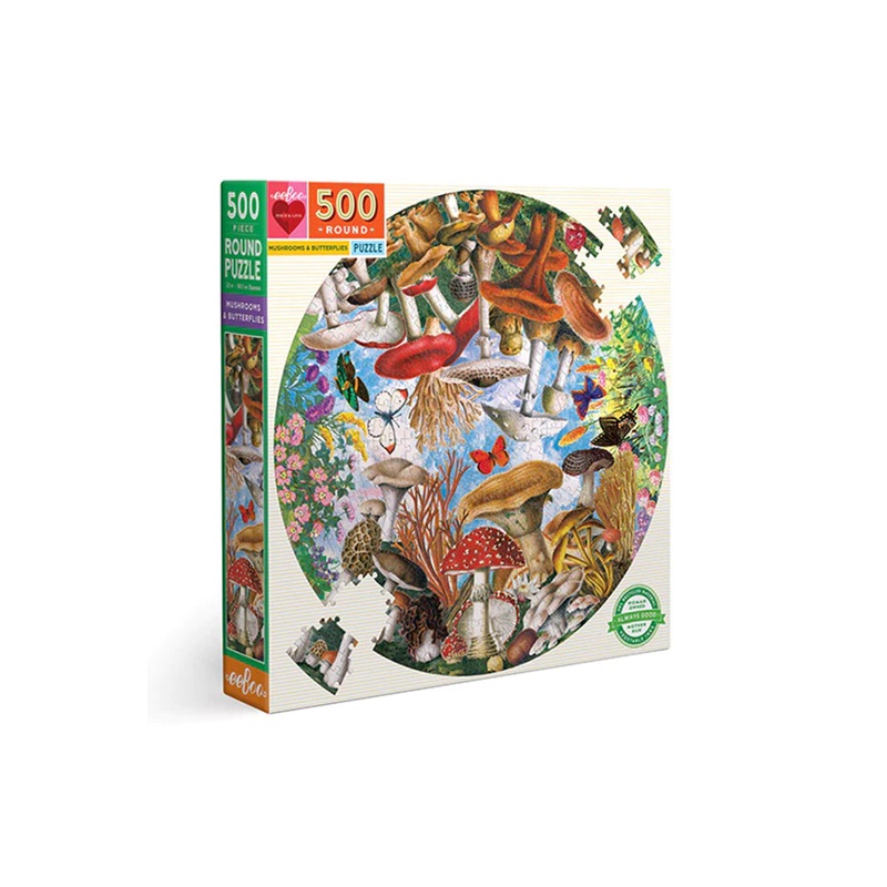 eeBoo Mushrooms and Butterflies 500 Piece Round Puzzle