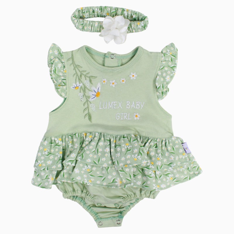 Baby Girls Cotton Romper – Mint with Floral Print