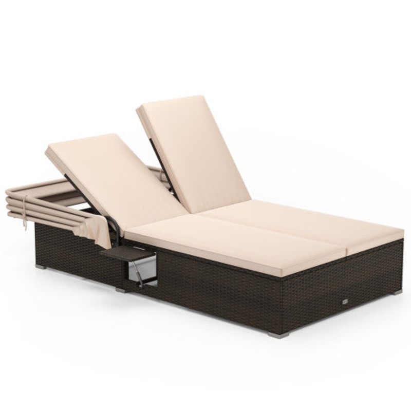 Patio Double Chaise Lounge With Shade Cushions and Folding Side Trays-Beige