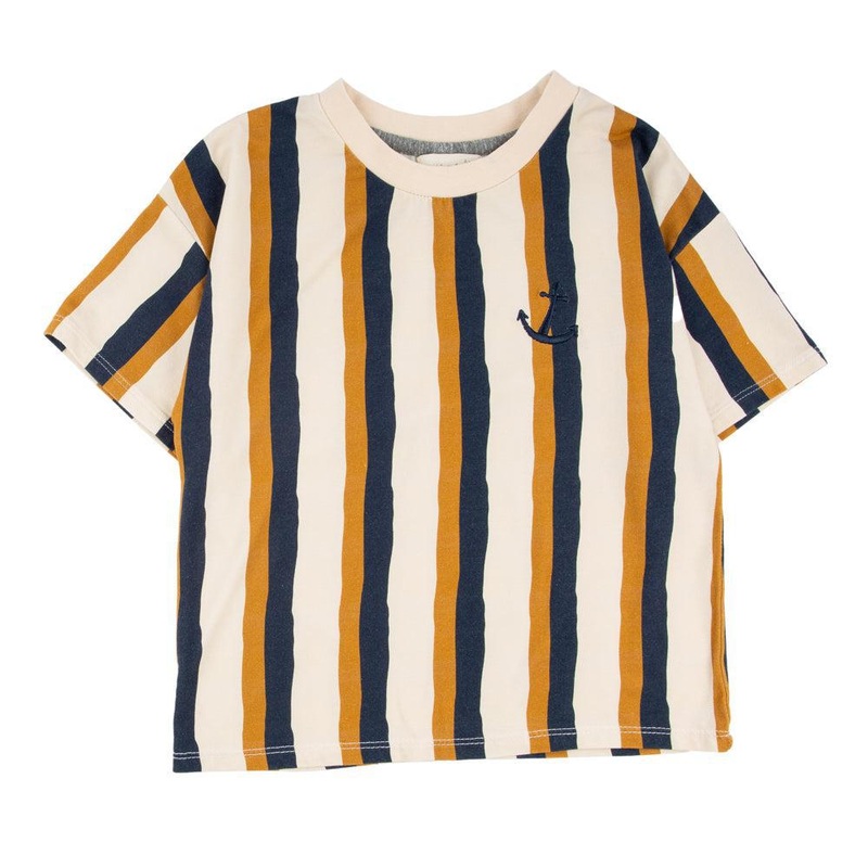 Miki Miette – Vertical Stripe Short Sleeve Tee – Gold + Blue