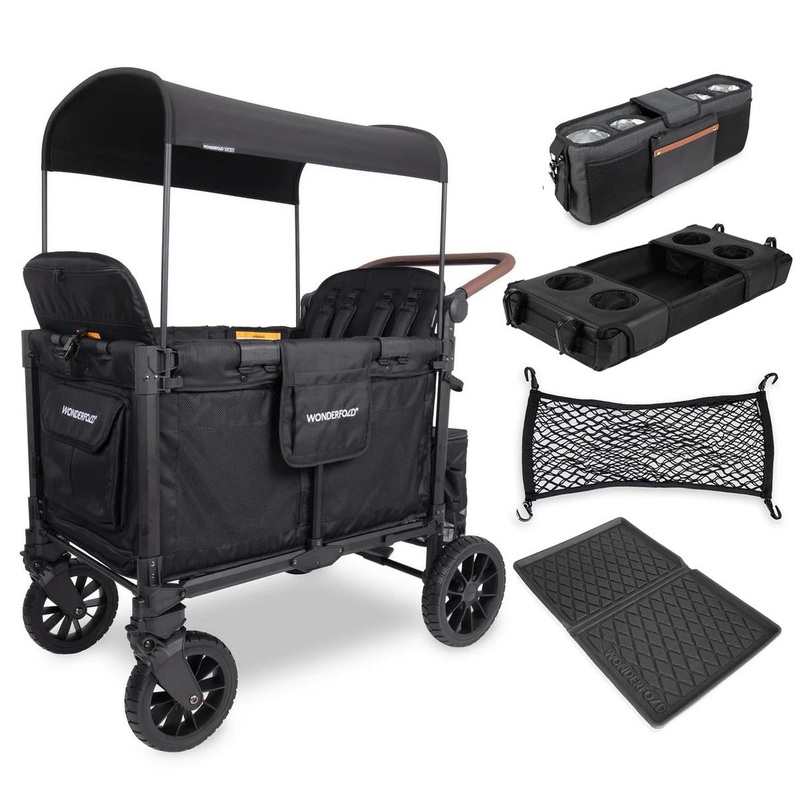 WonderFold W4 Luxe Pro (4 Seater) Stroller Wagon + Essentials Bundle – Jet Black