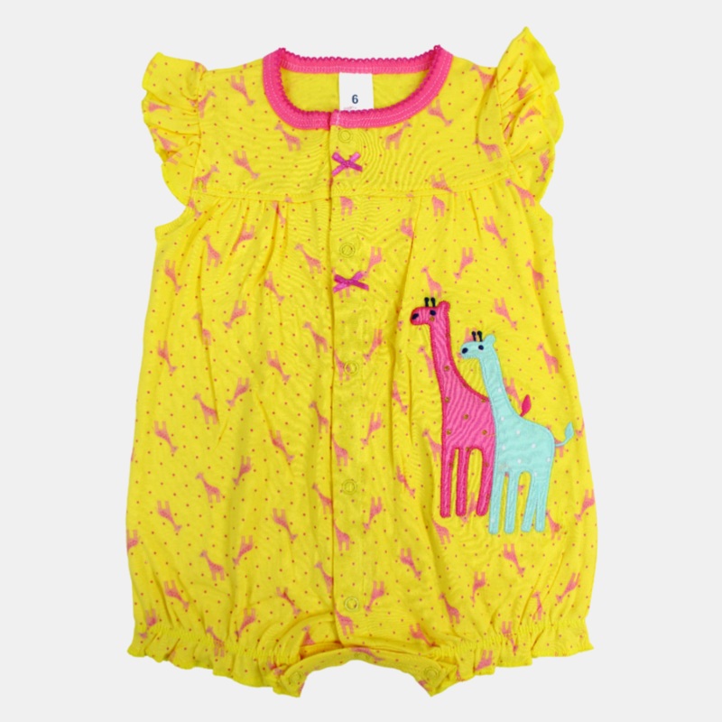 Baby Girls Cotton Romper  Yellow with Giraffe Print