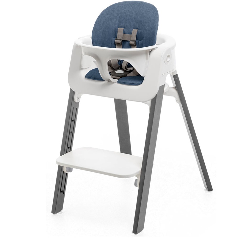 Stokke Steps Chair + Cushion (No Tray) – White/Storm Grey/Blue
