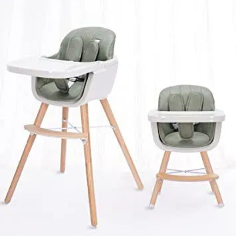 3-in-1 Convertible Wooden High Chair with Removable Tray and Adjustable Legs and Cushion – Sage Green