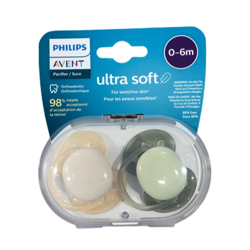 Philips Avent Ultra Soft Pacifier 2 Pack, 0-6 Months, Sand/Green