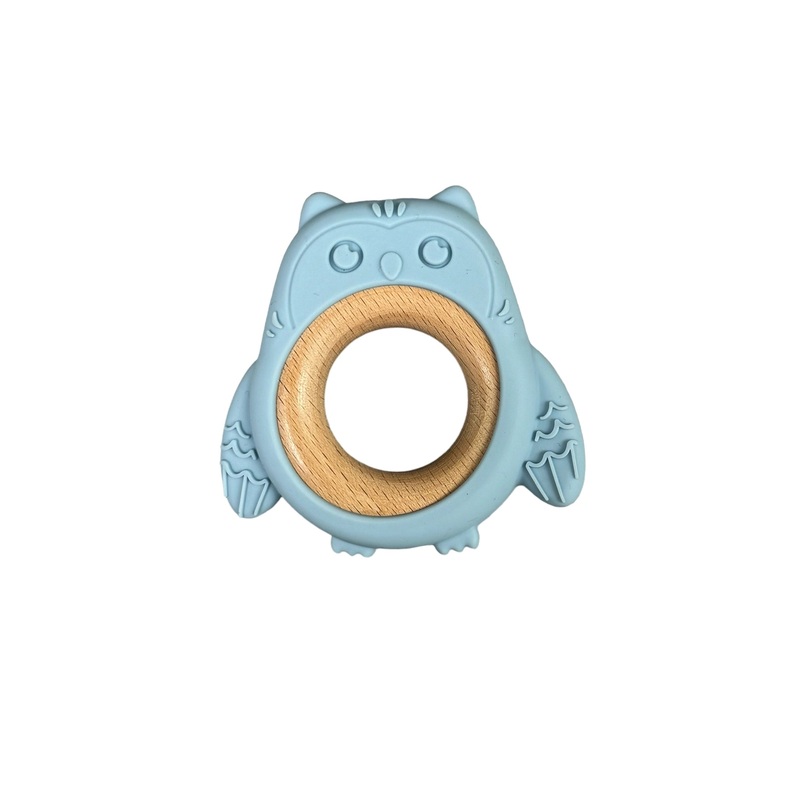 Silicone & Beechwood Teether Ring Owl – Baby Blue