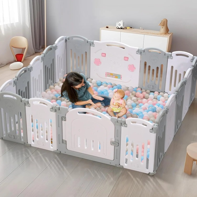 Play Yard 18 Panel Foldable Baby Fence & Play Area – Grey+White