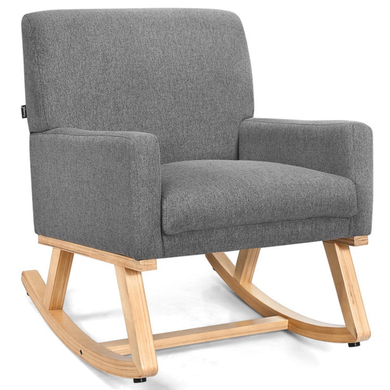 Upholstered Rocking Chair With and Solid Wood Base-Gray