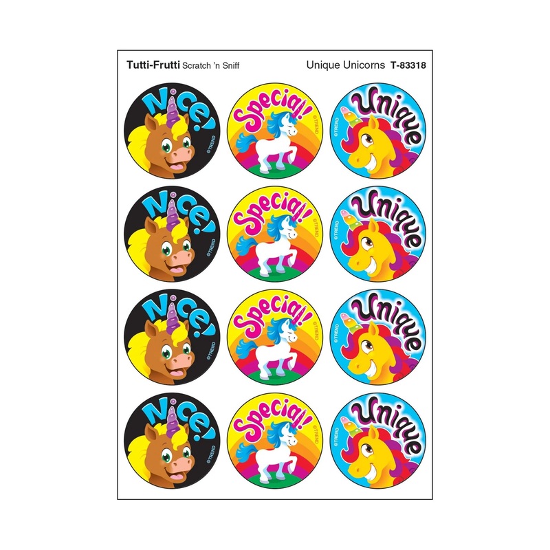 Unique Unicorns, Tutti-Frutti scent Scratch ‘n Sniff Stinky Stickers  Large Round