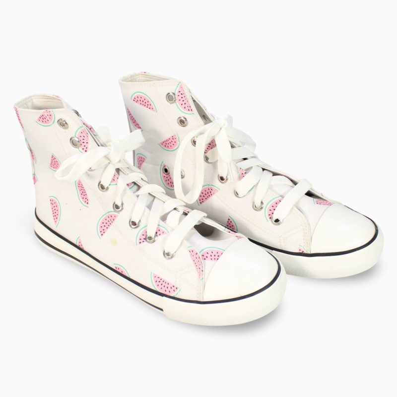 Girls Canvas Half Boots  – White with Watermelon Print