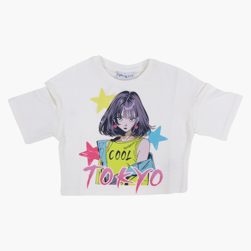 Girls Cotton T-Shirt – Off-White with Tokyo Print