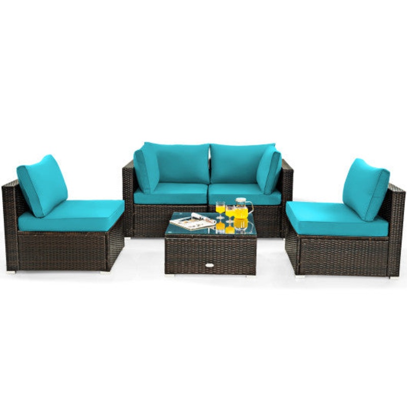 5 Pieces Cushioned Patio Rattan Furniture Set With Glass Table-Turquoise