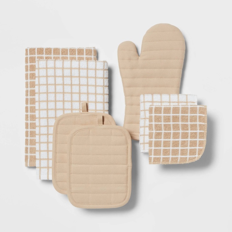 7pc Cotton Kitchen Textile Set Tan