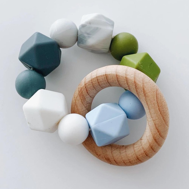 Sugar + Maple Silicone + Beechwood Teether Multi – Blue