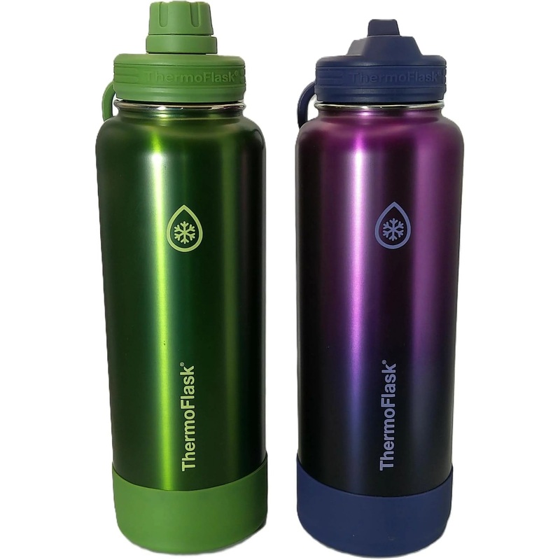 ThermoFlask Stainless Steel Water Bottle, 40 Fluid Ounce (2 Pack) (Green/Purple)