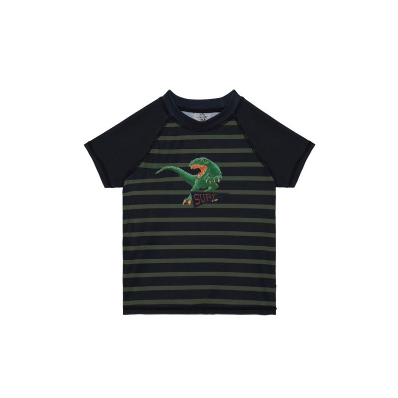 Deux Par Deux Short Sleeve Striped Rash Guard – Dino Print