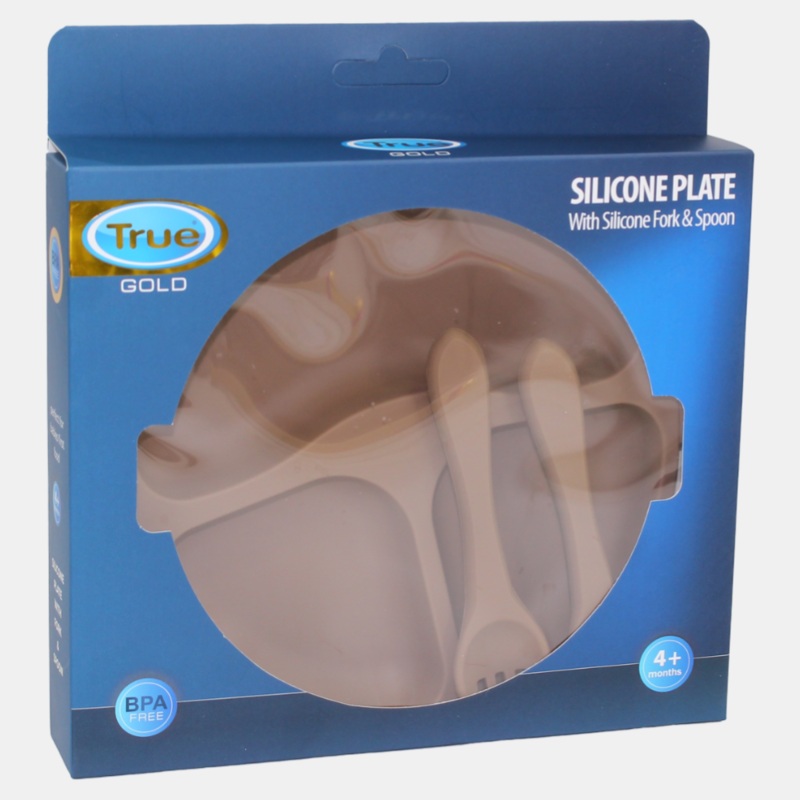 True Gold Silicone Feeding Set  Plate, Fork & Spoon  Brown