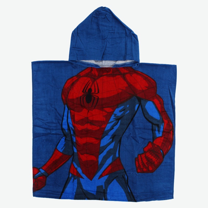Boys Poncho Beach Towel with Hoodie  Blue with Spiderman Print
