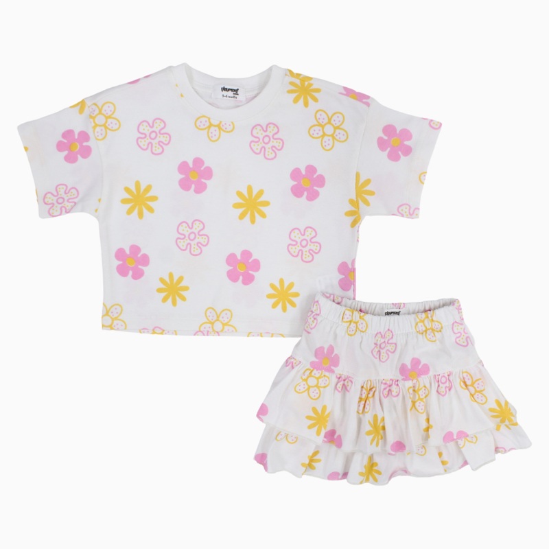 Baby Girls Cotton Outfit Set  Offwhite Printed Flowers Short Sleeves