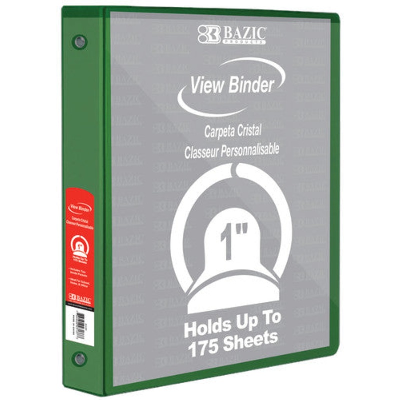 BAZIC 3-Ring View Binder with 2 Pockets, 1″, Green