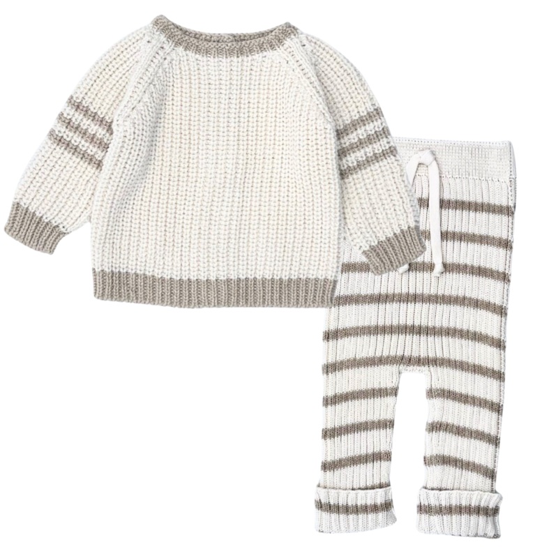 Li + Me – Knit Sweater + Stripe Pant Set – Cream + Toasted