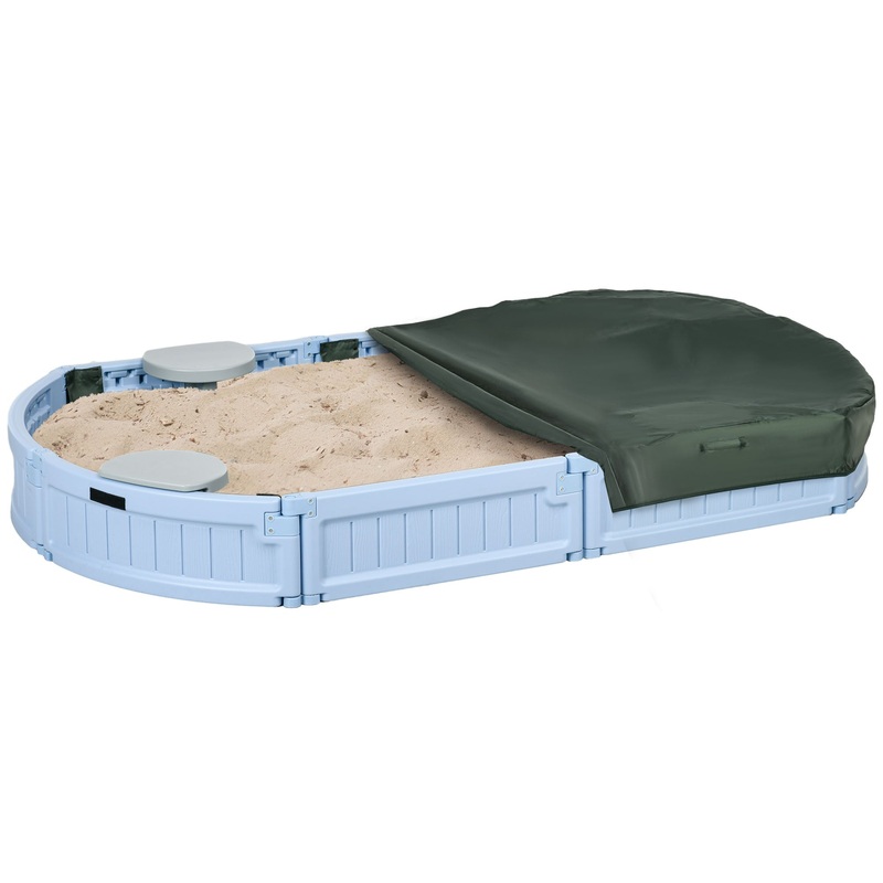 Outsunny Kids Outdoor Sandbox with Cover, Seat Board for Backyard, Light Blue, 72″ x 41.25″ x 8.75″