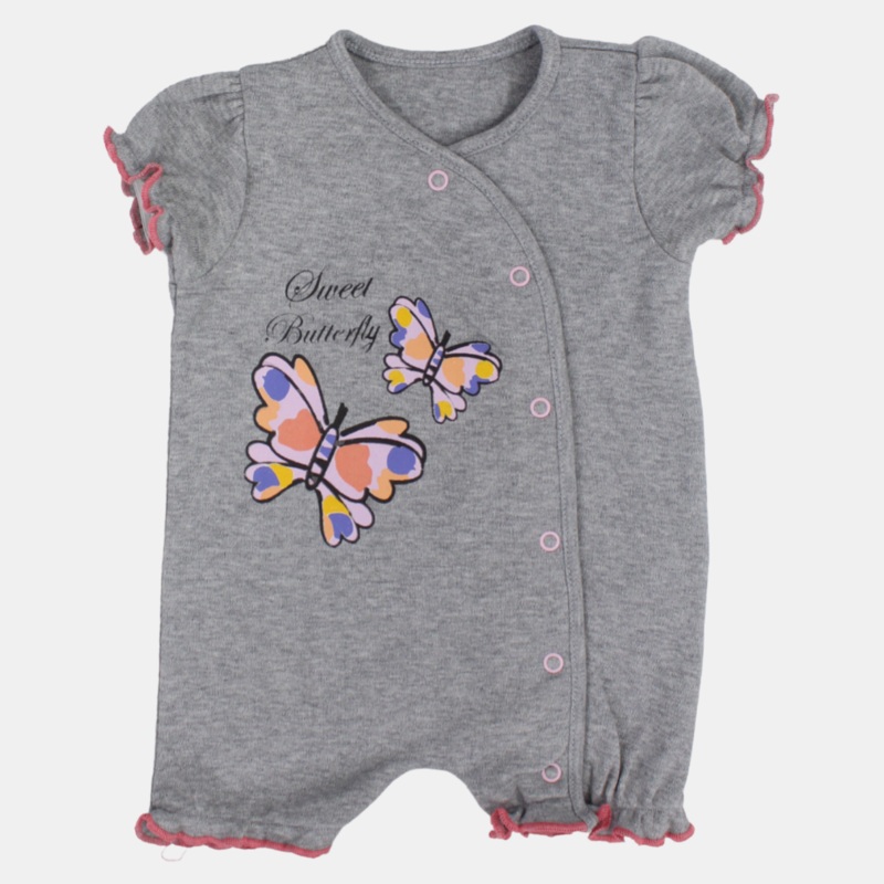 Baby Girls Cotton Romper  Gray With Shiny Pink Butterflies