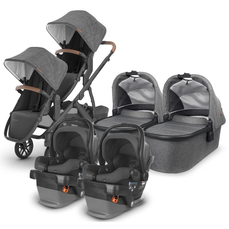 UPPAbaby VISTA V2 Twin Double Stroller + MESA V2 Travel System Bundle with Rumble Seat V2+ – Greyson