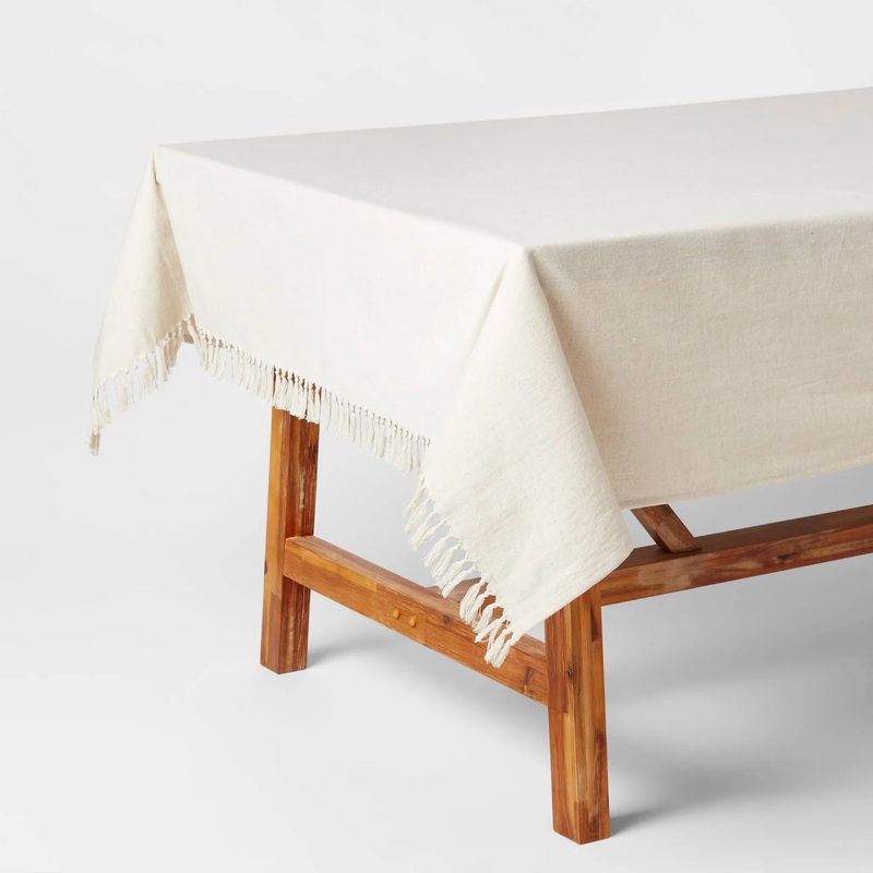 60″ x 104″ Cotton Slub Tablecloth with Tied Fringe Light Beige – Threshold