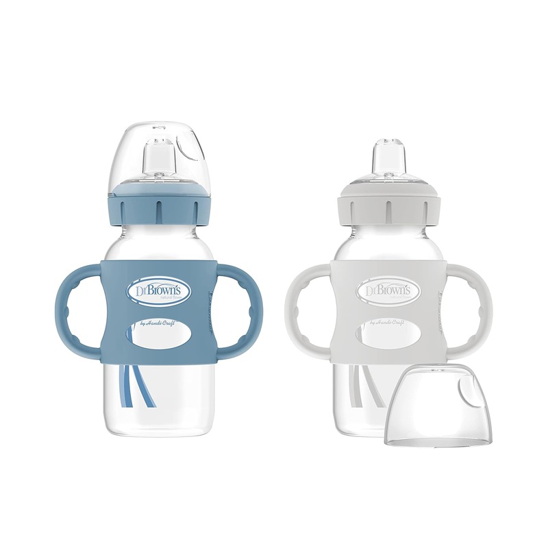 Dr. Brown’s Milestones Sippy Spout Bottle with Silicone Handles, 2 Pack, 8 oz/250 ml, Gray/Blue, Wide-Neck