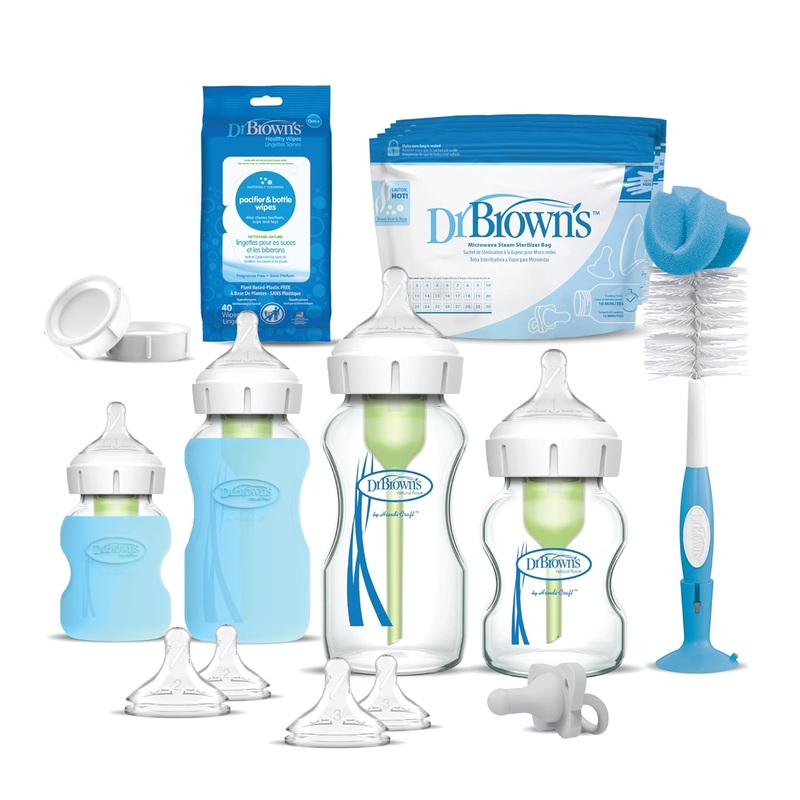 Dr. Brown’s Natural Flow Anti-Colic Options+ Wide-Neck Glass Baby Bottle & HappyPaci Starter Set, Blue