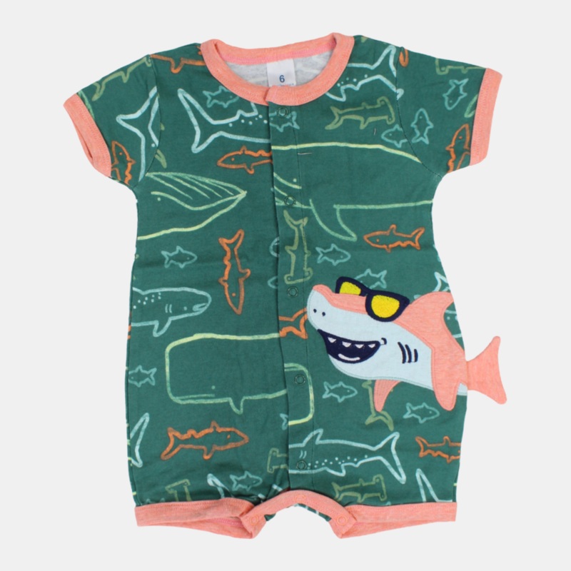 Baby Boys  Cotton Romper  Green with Shark Print