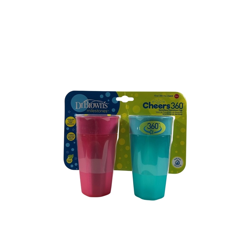 Dr. Brown’s Milestones Cheers 360 Spoutless Transition Cups, 10oz, Pink/Green, 2pk