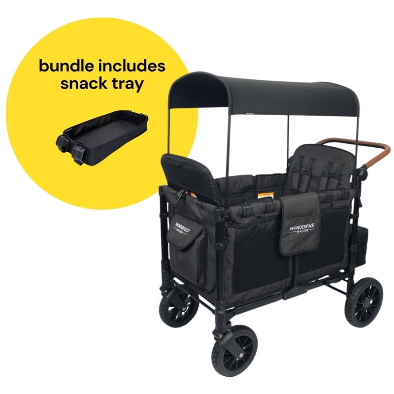 WonderFold W4 Luxe Multifunctional Quad (4 Seater) Stroller Wagon + Snack Tray Bundle – Volcanic Black