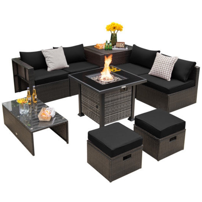 Outdoor 9 Pieces Patio Furniture Set With 50 000 BTU Propane Fire Pit Table-Black