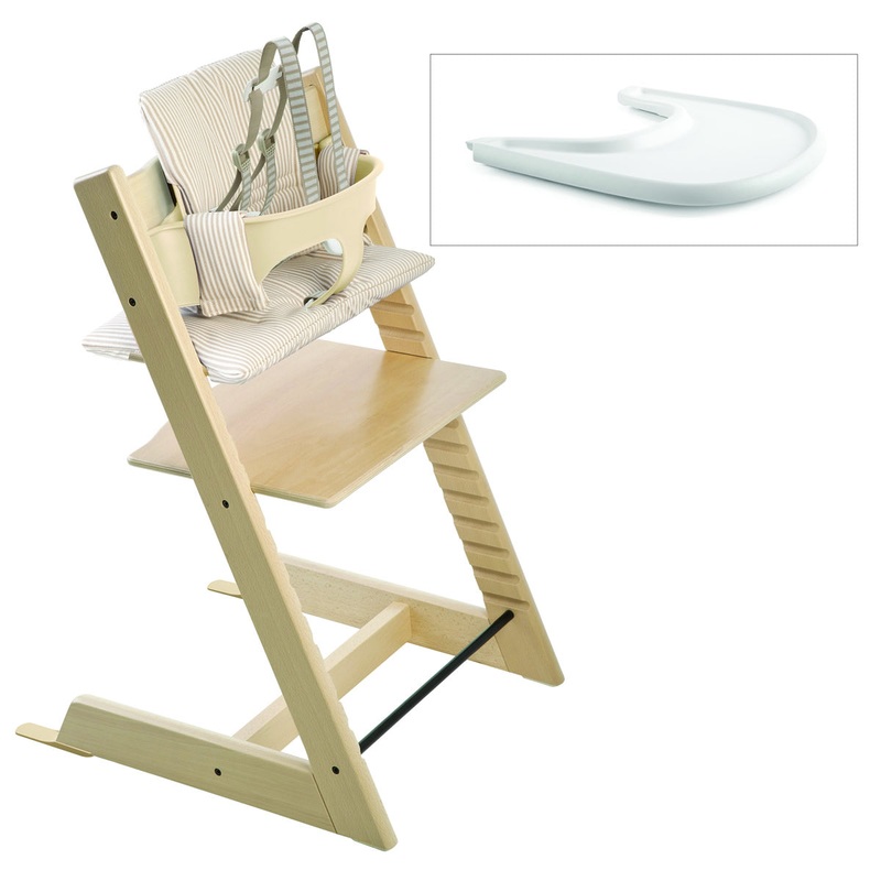 Tripp Trapp High Chair and Cushion with Stokke Tray — Natural/Beige Stripe