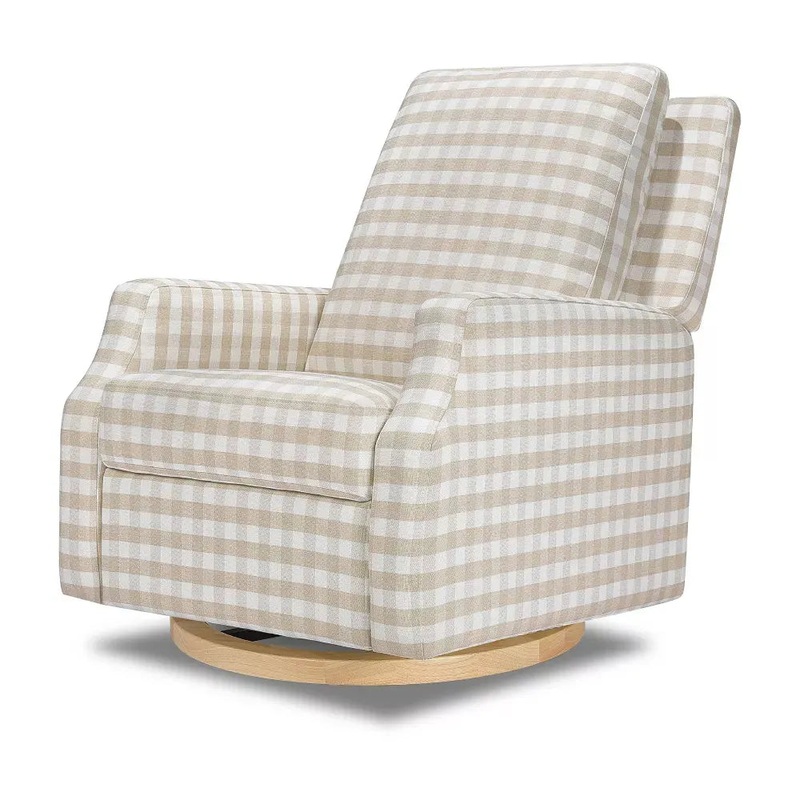 (Floor Model) Crewe Recliner and Swivel Glider with Light Wood Base – Tan Gingham