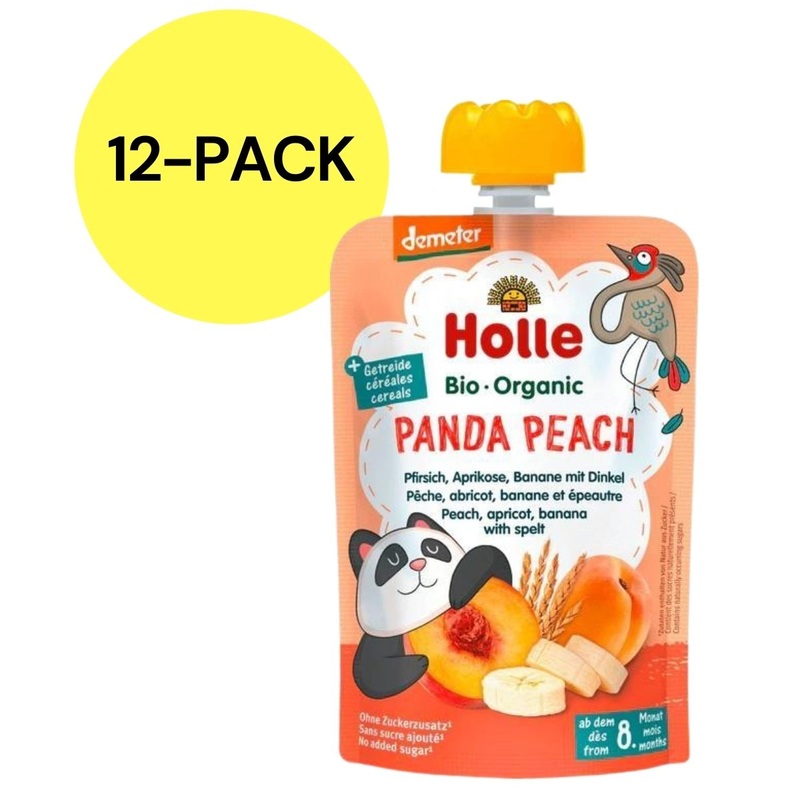 Holle Organic Pouches 6+ – Panda Peach Fruit & Grain Puree (12 Pack)