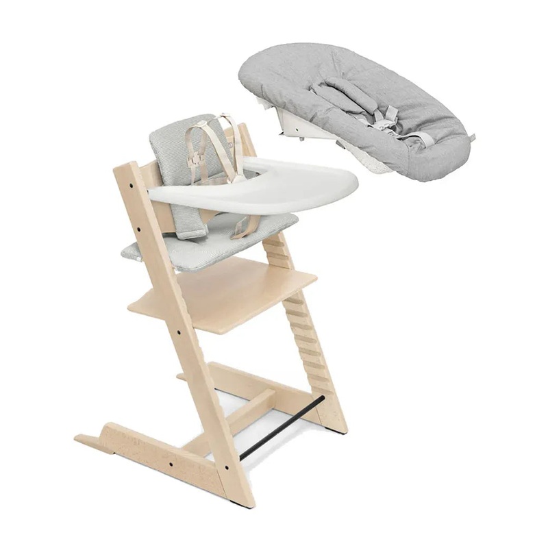 Tripp Trapp High Chair Complete with Newborn Set Bundle – Natural w/ Nordic Grey Cushion (See Description)