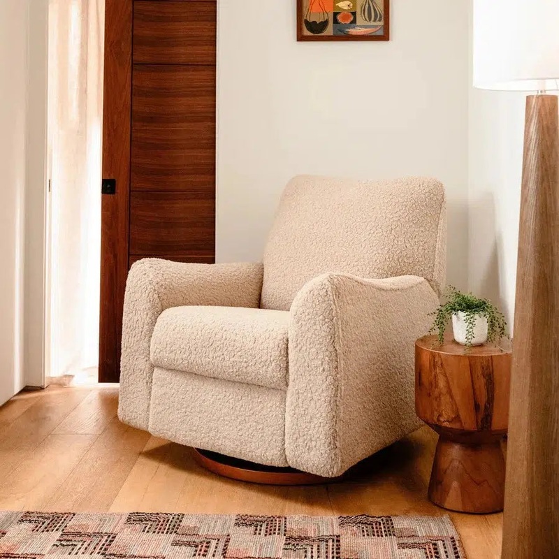 Babyletto – Sunday Electronic Glider + Recliner – Luxe Chai Shearling with Dark Wood Base
