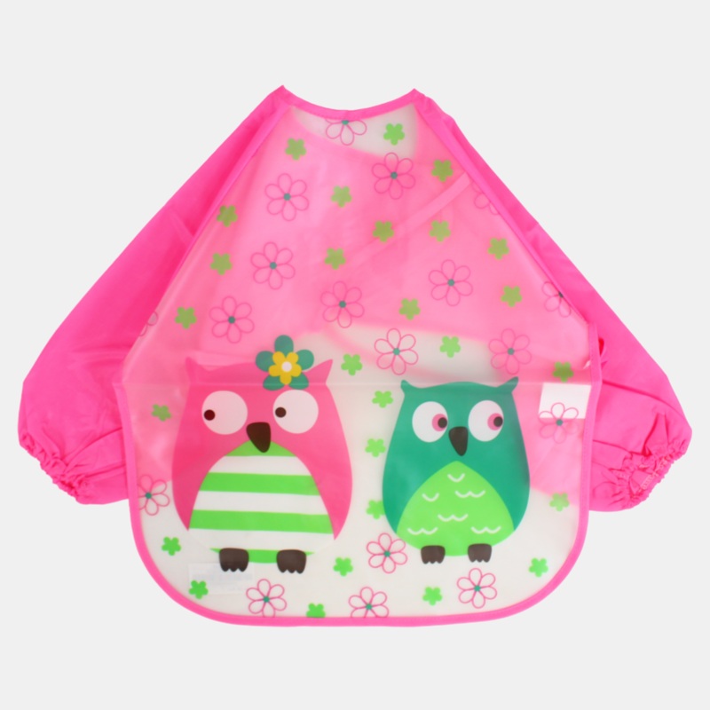 Baby Long-Sleeved Bib  Pink with Owl Design