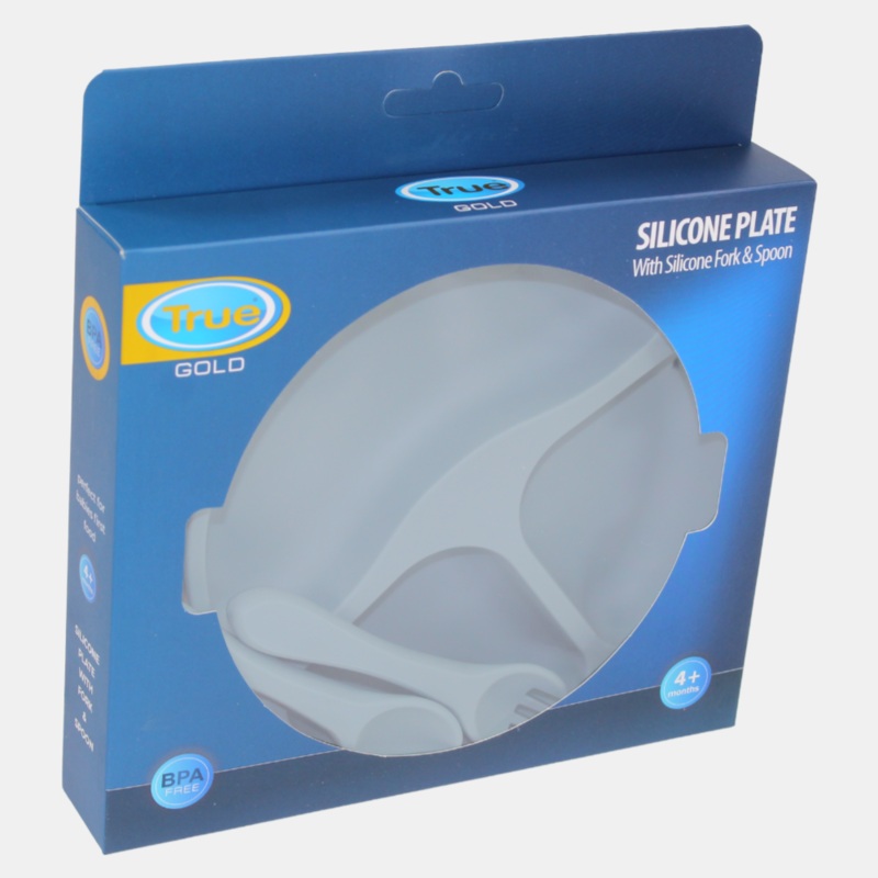 True Gold Silicone Feeding Set  Plate, Fork & Spoon  Grey