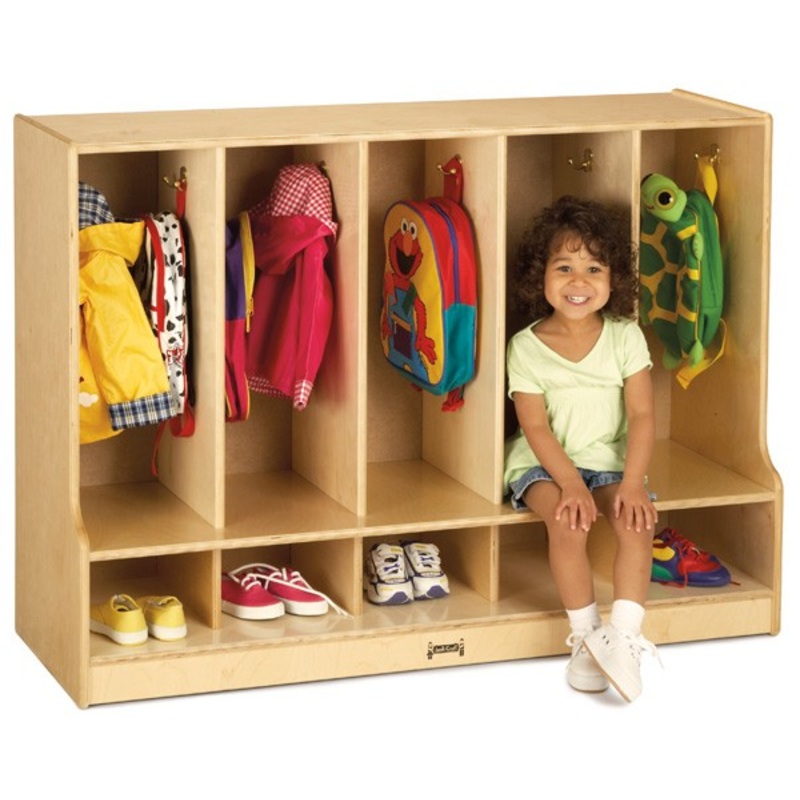 Jonti-Craft Toddler 5 Section Coat Locker with Step – with Clear Trays